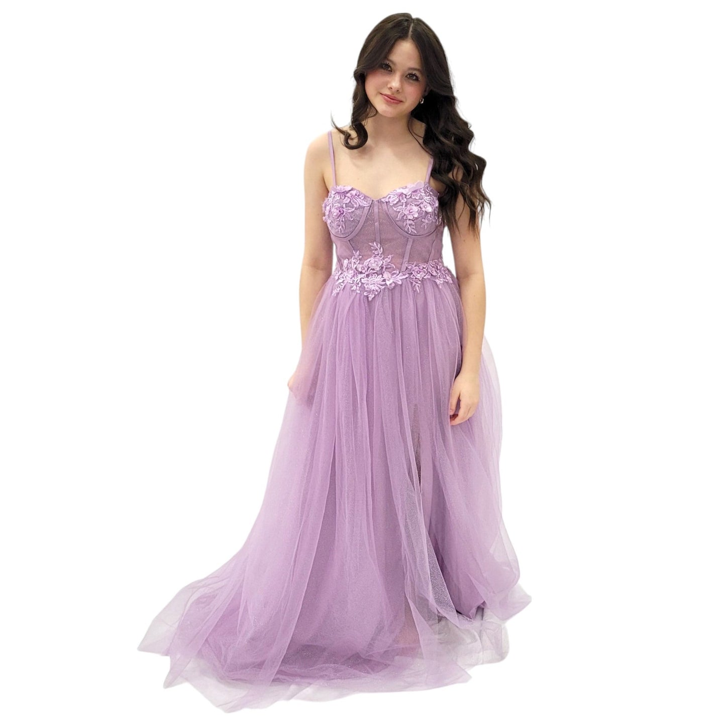 Tulle Evening Gown with Floral Detailed Bodice and Corset Back