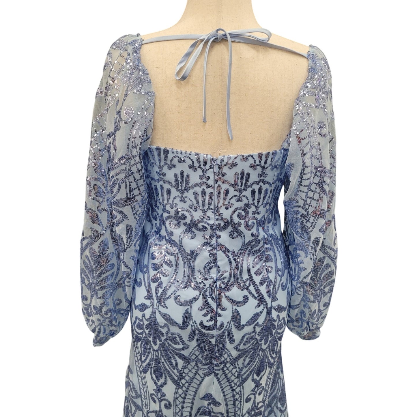 Long Sleeved Patterned Sequin Gown in Light Blue