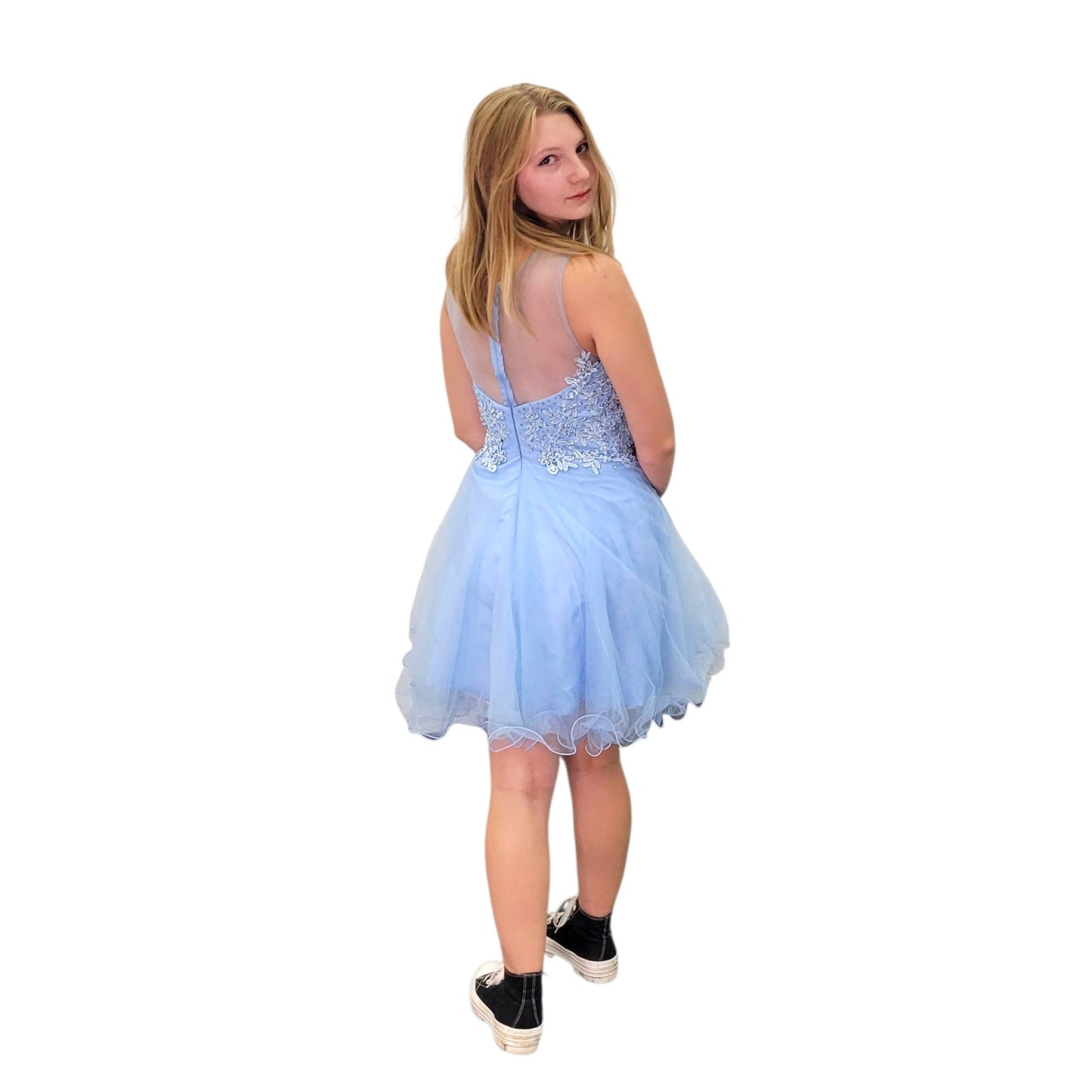 NWT Short Cocktail Dress with Beaded Bodice and Mesh High Neck
