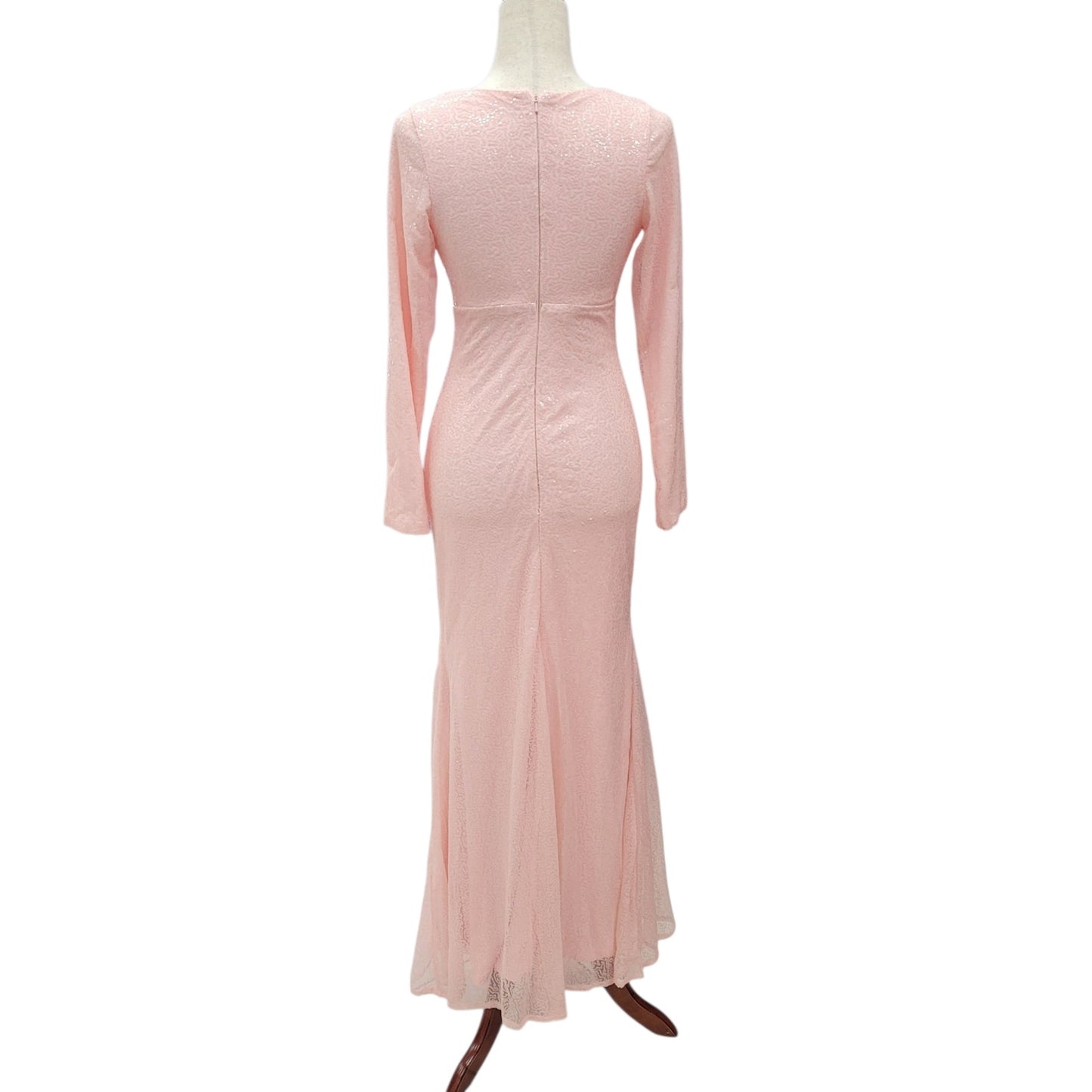 Light Pink Fitted Sequin Gown with Long Sleeves