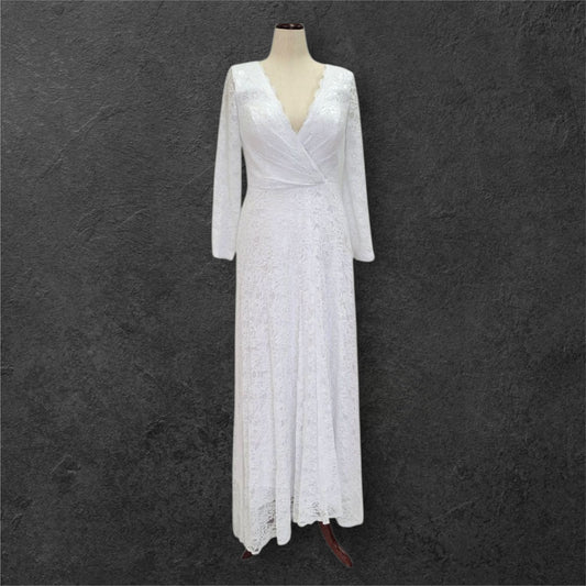 Wrap Style Long Sleeve Lace Wedding Dress with V Neck Bodice