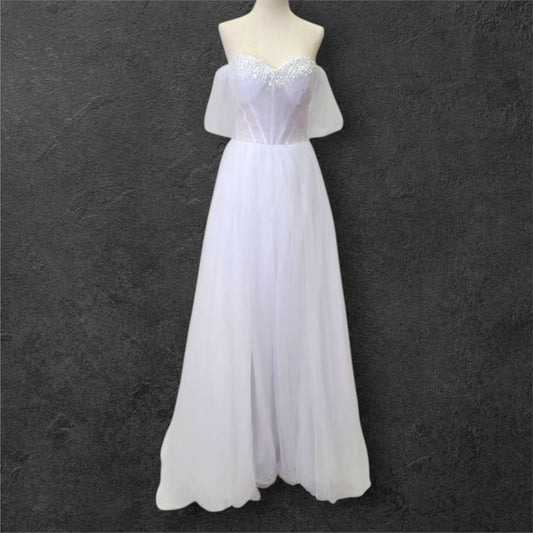 Tulle A Line Wedding Dress with Pearl Design on Bust and Full Corset Back