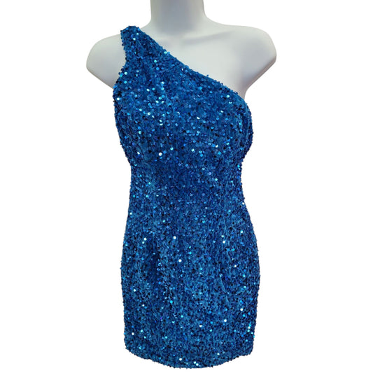Women's Short One Shoulder Strappy Sequin Dress in Sky Blue