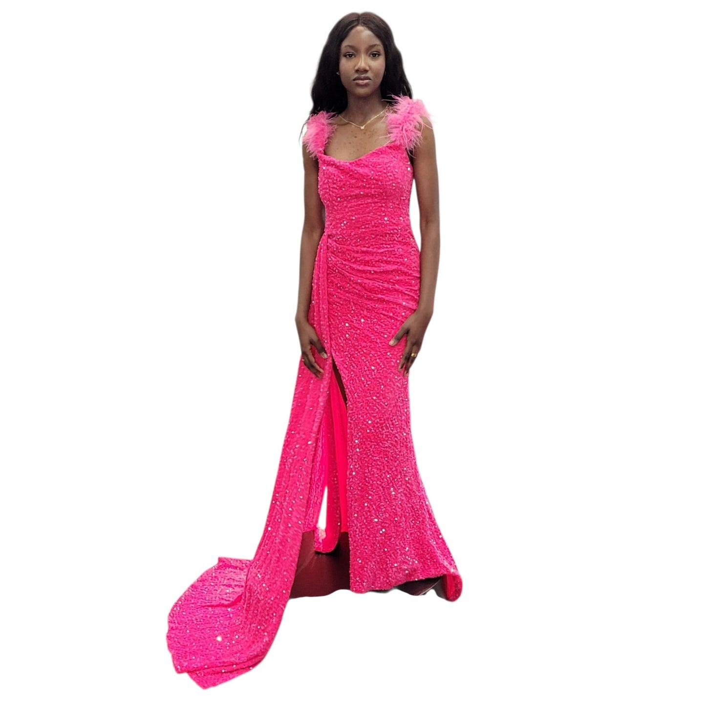 Hot Pink Fitted Sequin Evening Gown with Feathered Shoulders
