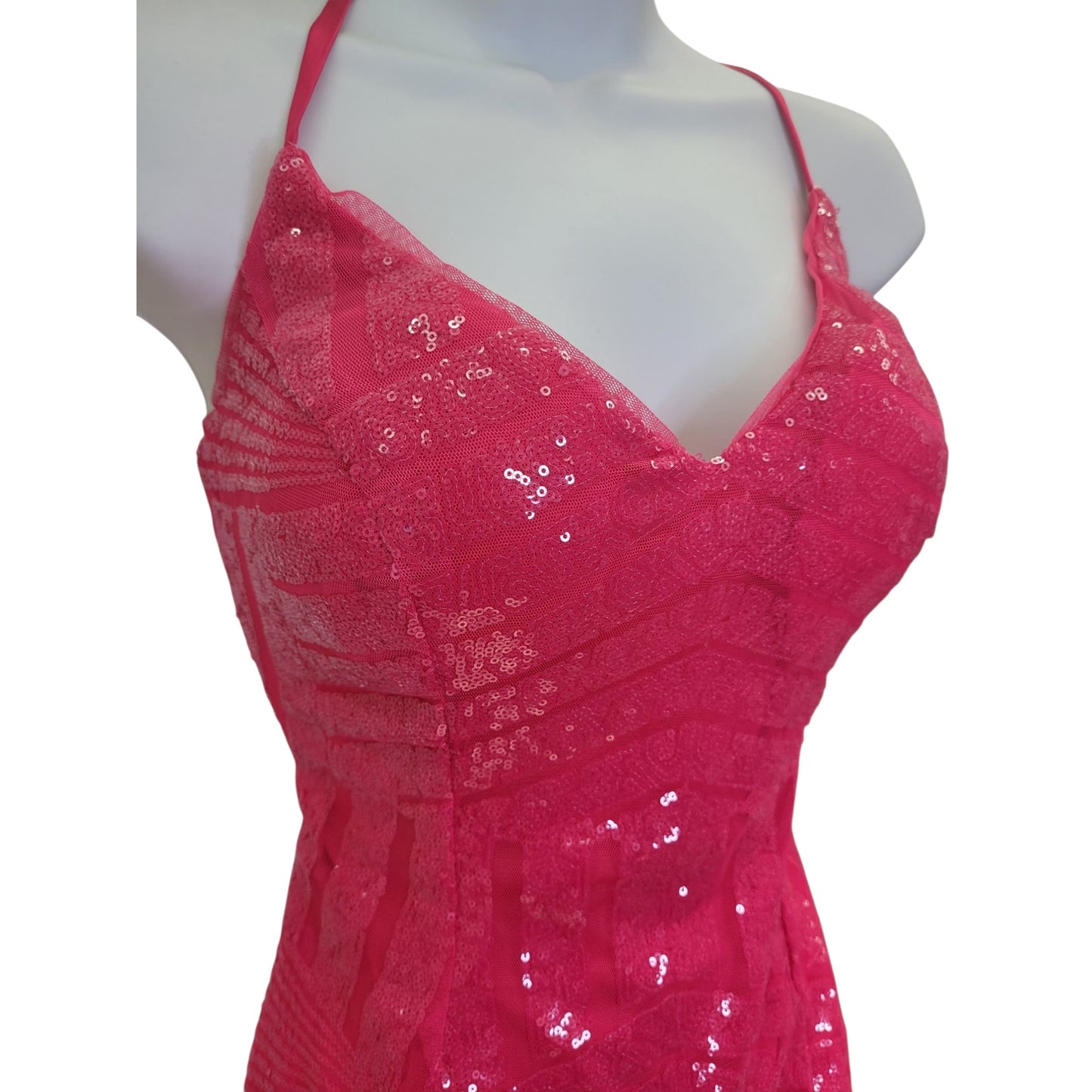 Women's Short Hot Pink Sequin Patterned Dress with Strappy Corset Back