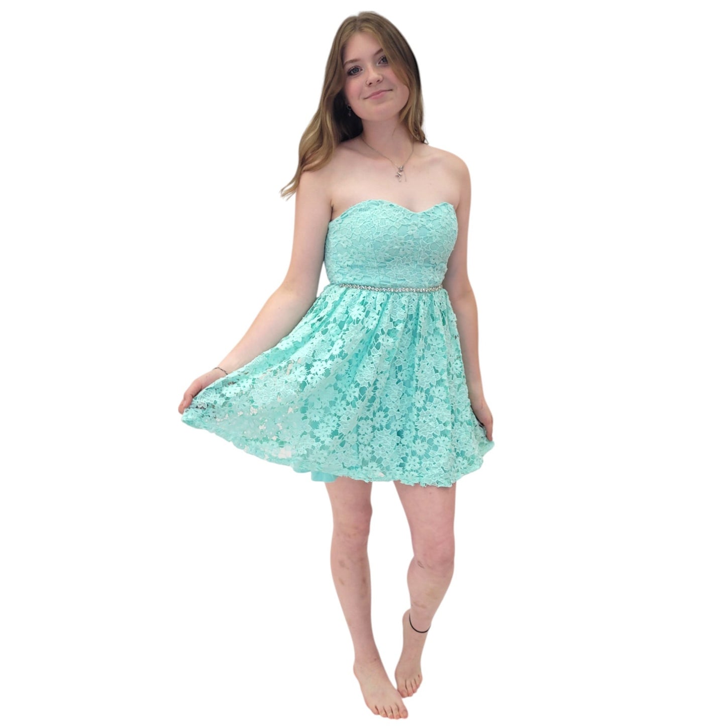 Strapless Turquoise Lace Cocktail Short Dress