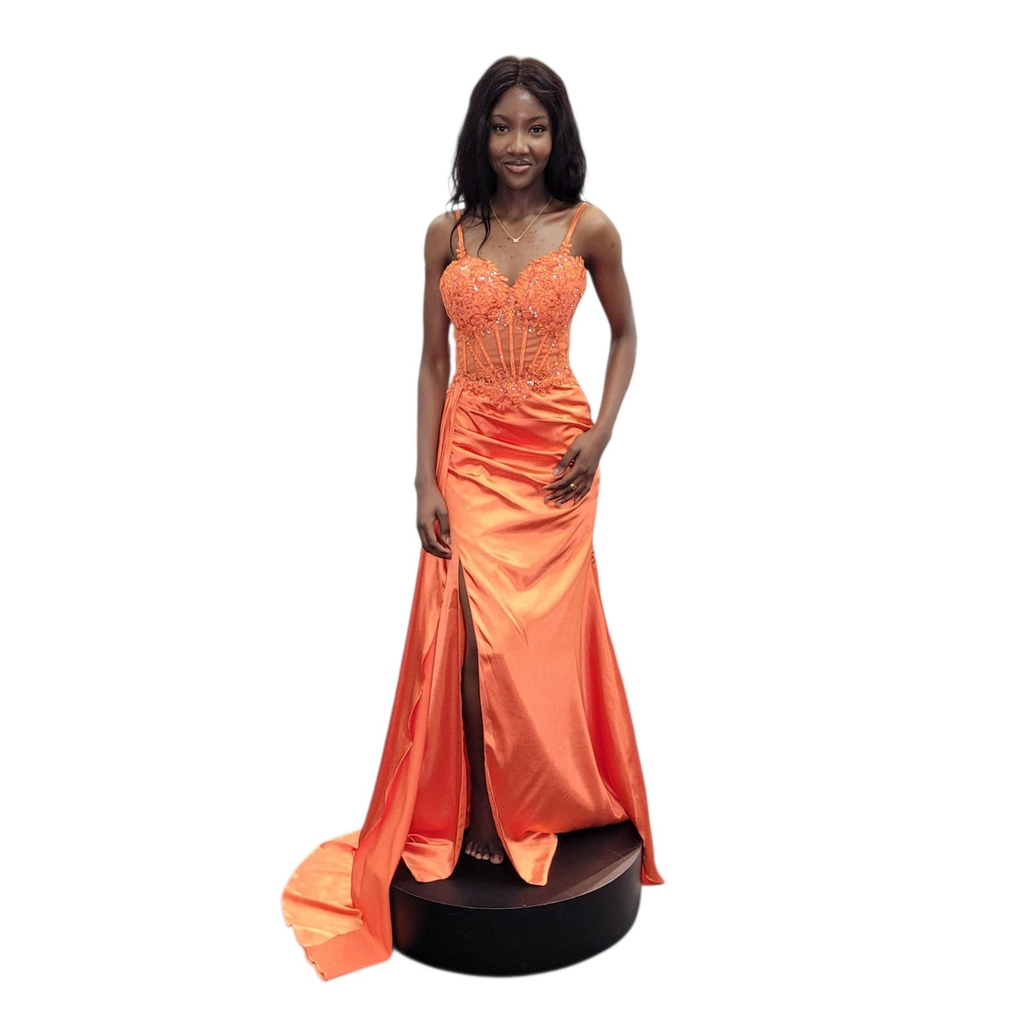 Orange Evening Gown with Detailed Bodice and Silky Satin Skirt
