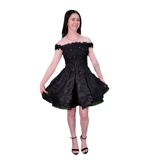Short Detailed Flower Cocktail Dress with Off Shoulder Straps