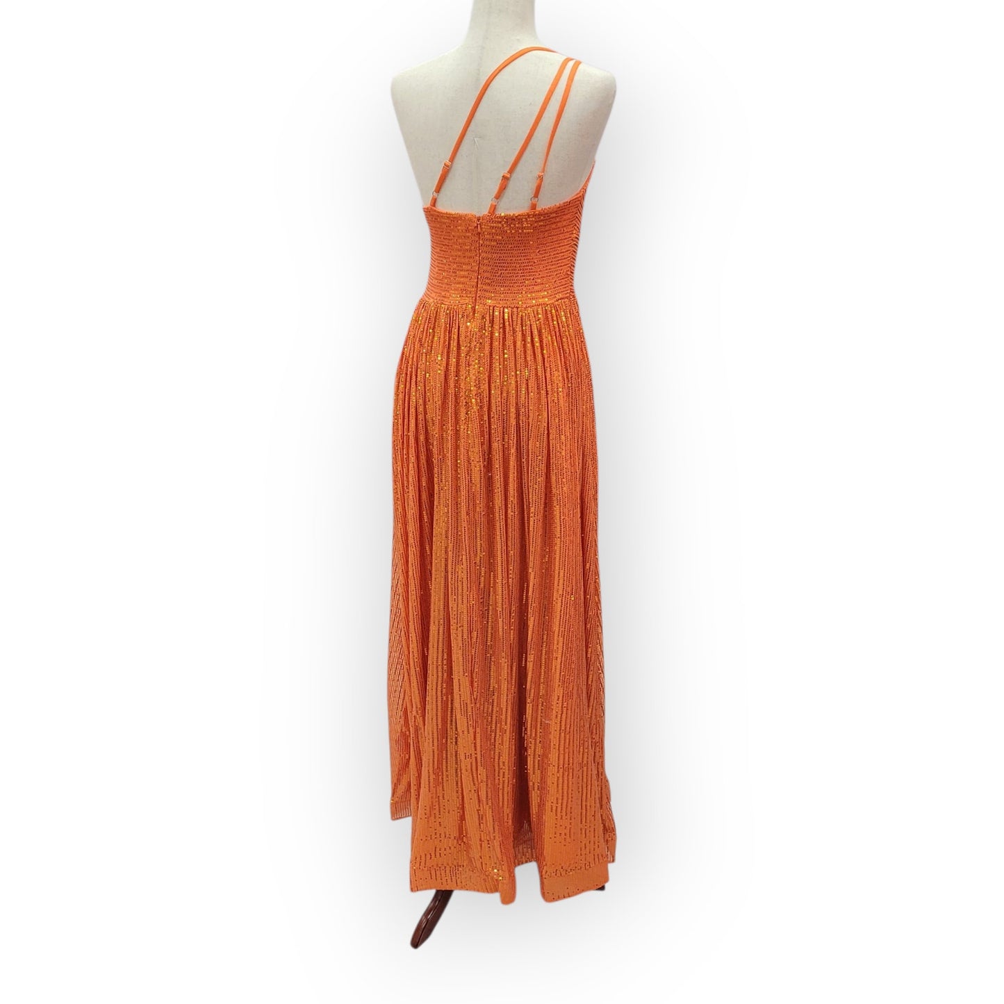 Orange One Shoulder A-Line Gown with Gathered Skirt and Three Straps Across Back