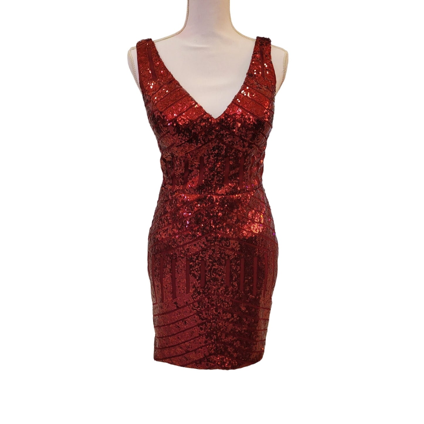 Women's Short Red Sequin Dress with V Neck and Low Back