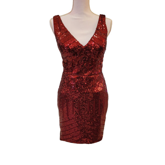 Women's Short Red Sequin Dress with V Neck and Low Back