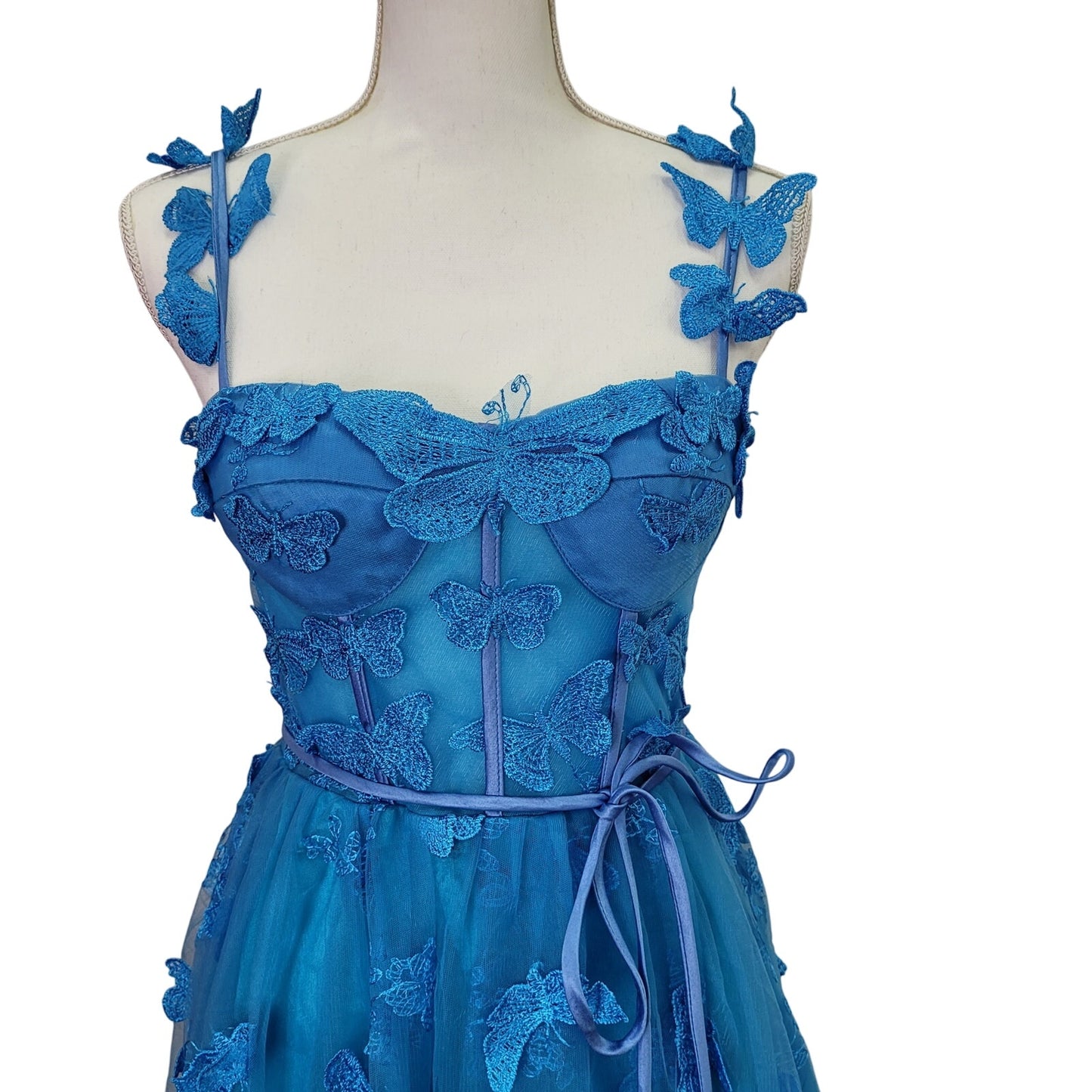Women's Bright Blue Butterfly Dress with Corset Back