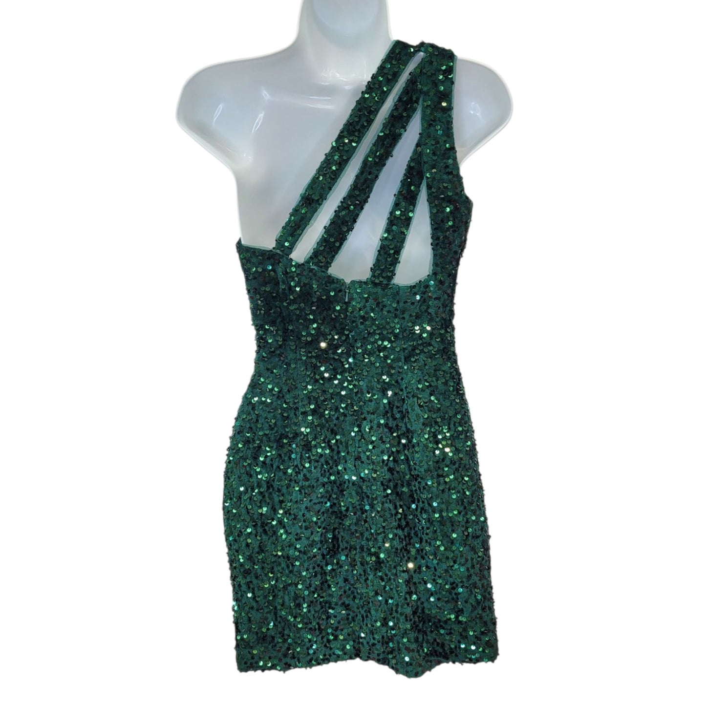 Women's Short One Shoulder Strappy Sequin Dress in Emerald Green