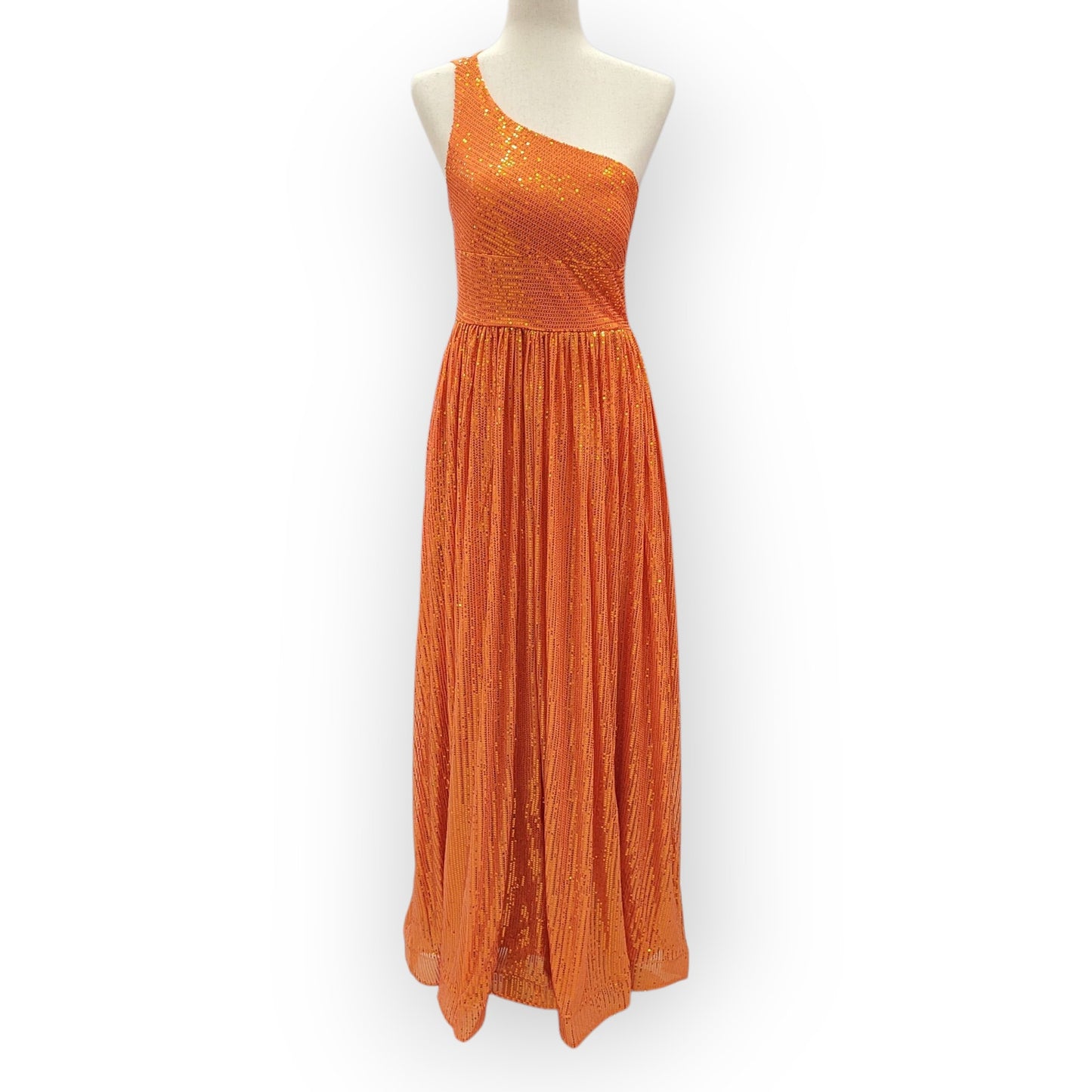 Orange One Shoulder A-Line Gown with Gathered Skirt and Three Straps Across Back