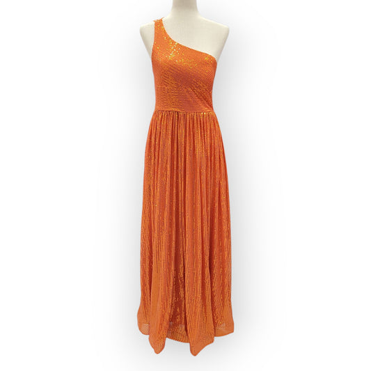 Orange One Shoulder A-Line Gown with Gathered Skirt and Three Straps Across Back