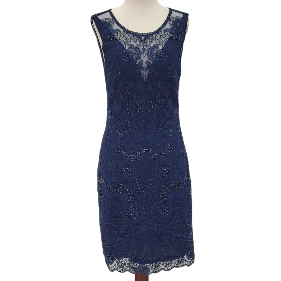 Navy Blue Scoop Neck Cocktail Dress with Beautiful Detailed Bead Overlay