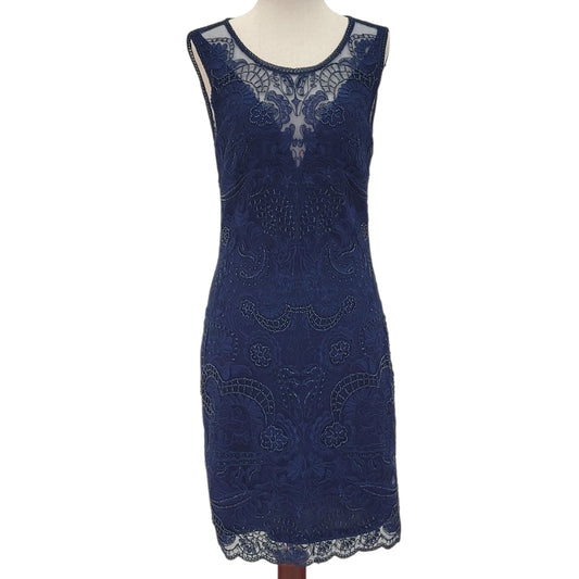 Navy Blue Scoop Neck Cocktail Dress with Beautiful Detailed Bead Overlay