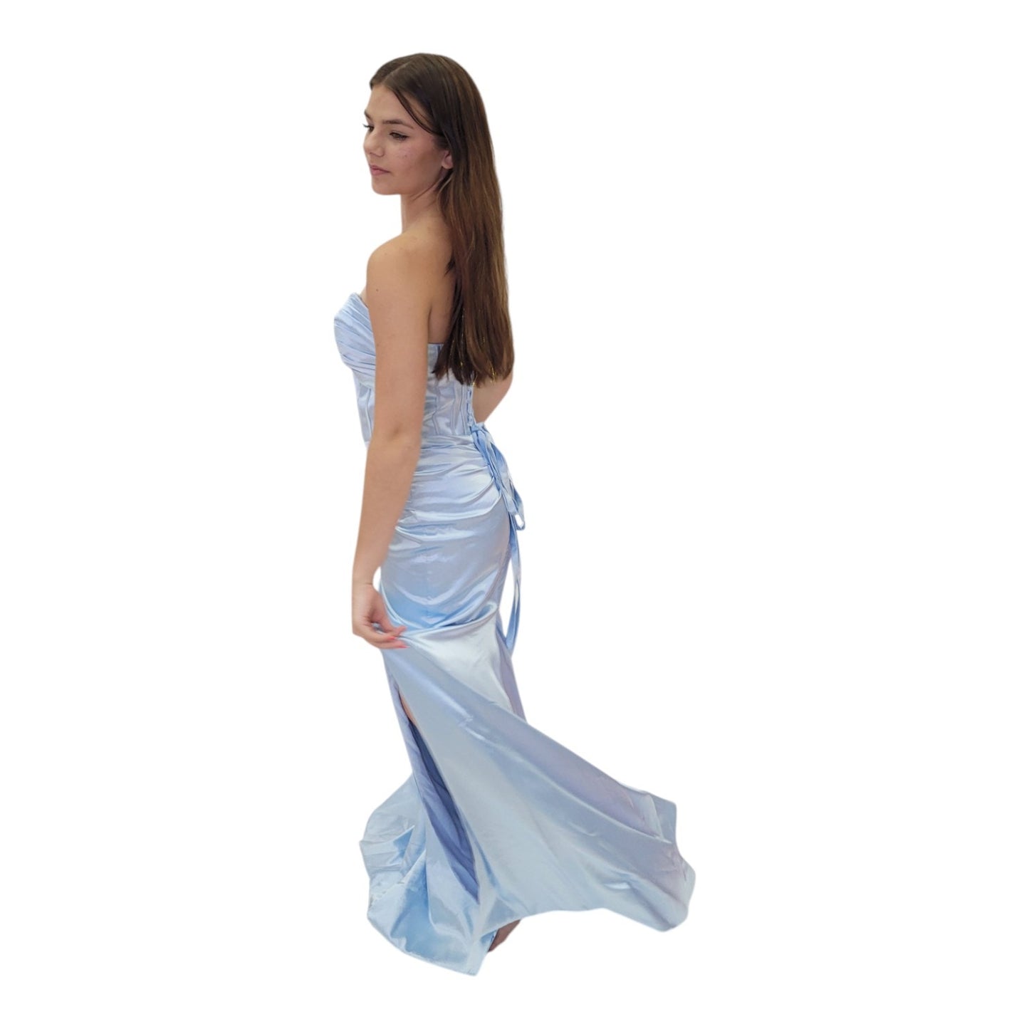 Strapless Satin Evening Gown with Front Cutout in Icy Blue with Corset Back