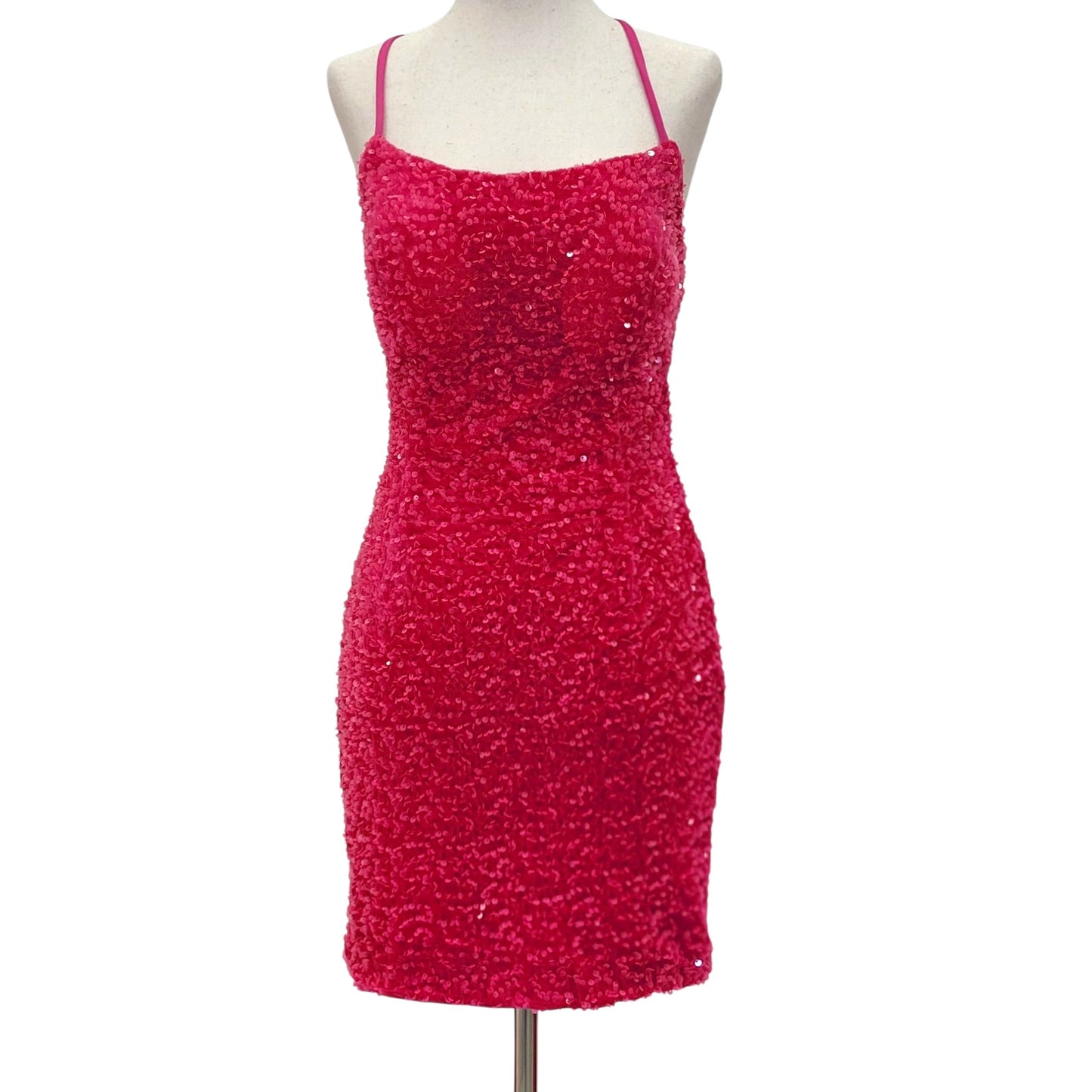 Women's Hot Pink Short Sequin Scoop Neck Corset Back Dress