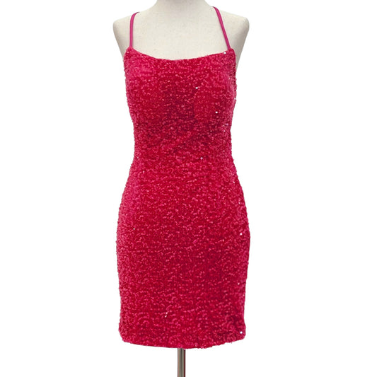 Women's Hot Pink Short Sequin Scoop Neck Corset Back Dress