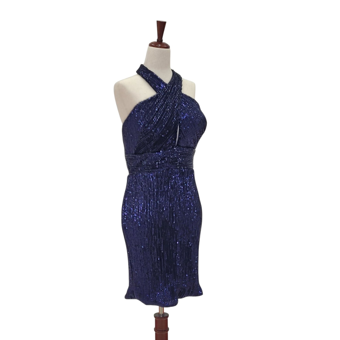 Navy Blue Cross Halter Sequin Cocktail Dress with Peekaboo Cutout