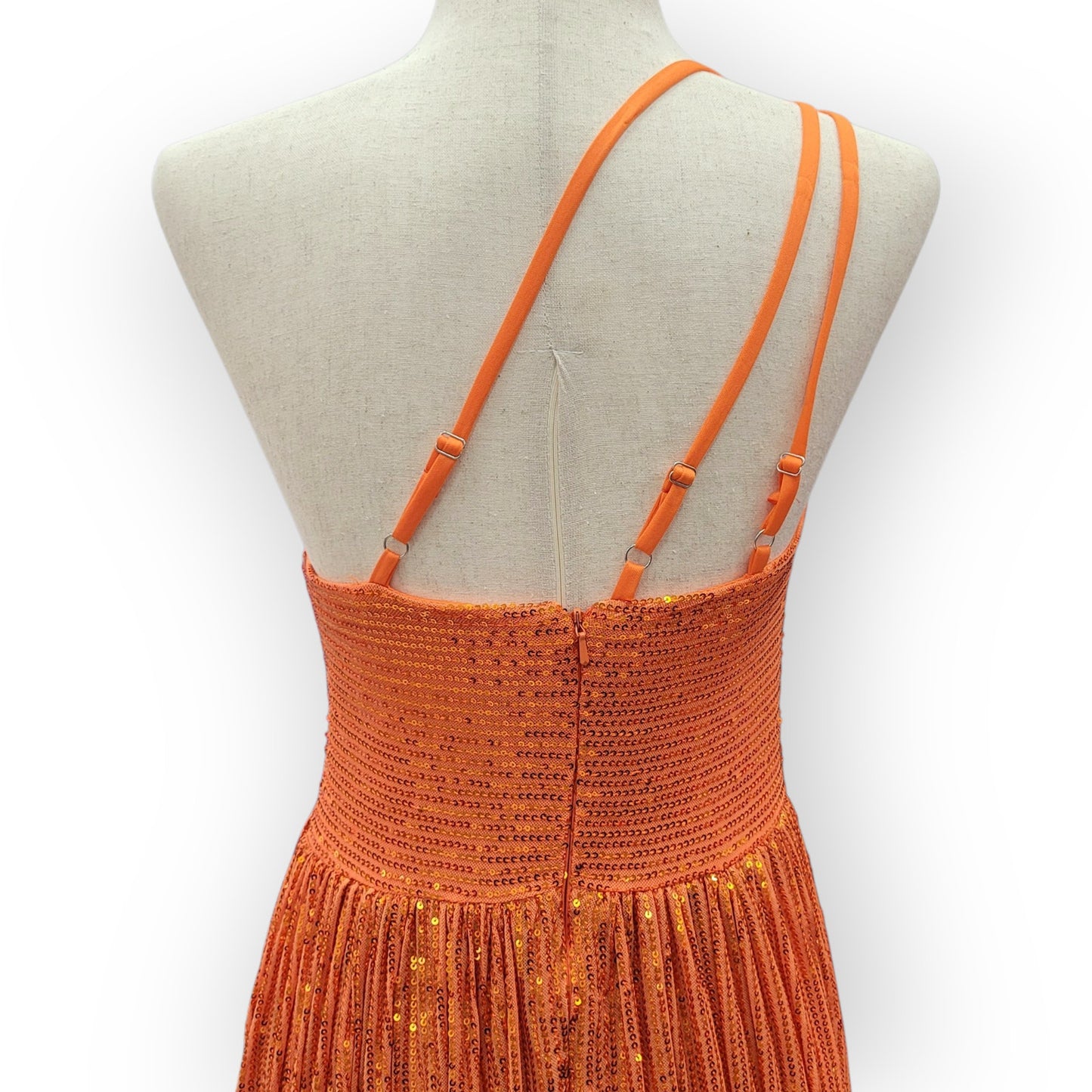 Orange One Shoulder A-Line Gown with Gathered Skirt and Three Straps Across Back