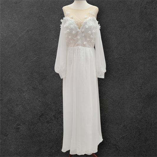 Boho Chiffon Off Shoulder Long Sleeve Wedding Dress with Flowers