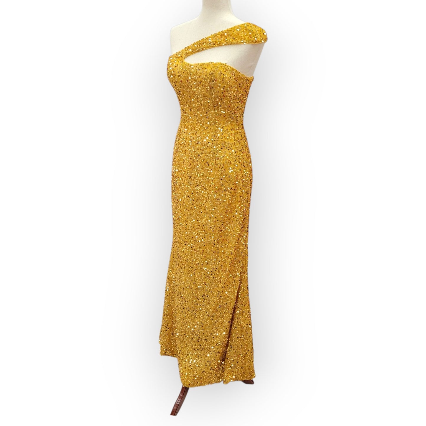 Fitted Gold Sequin Gown with Asymmetric Shoulder Strap
