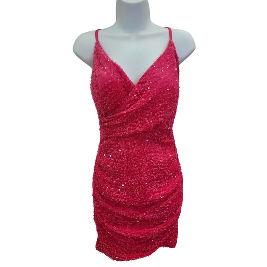 Women's Hot Pink Sequin Wrap Style Short Dress