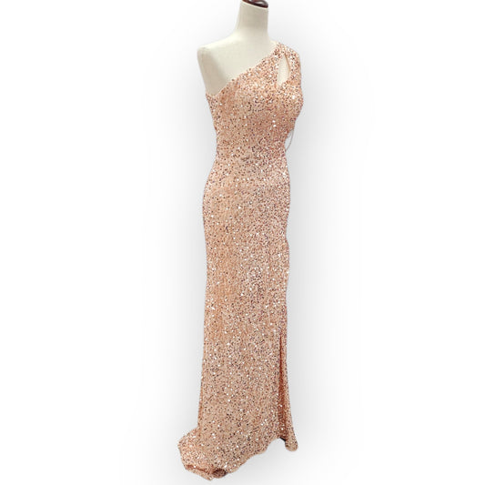 Rose Gold One Shoulder Cutout Sequin Gown with Train and Beaded Shoulder Overlay
