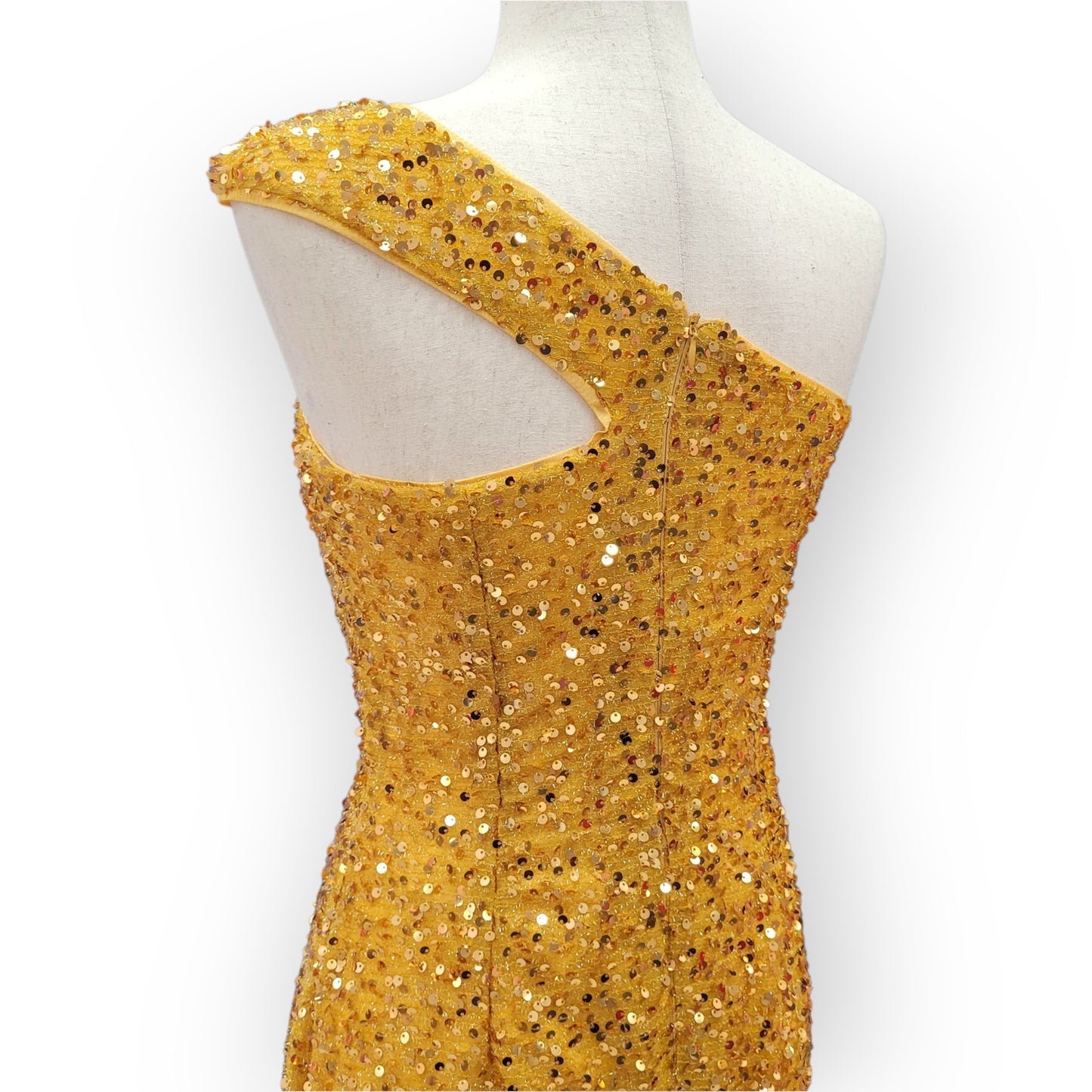 Fitted Gold Sequin Gown with Asymmetric Shoulder Strap