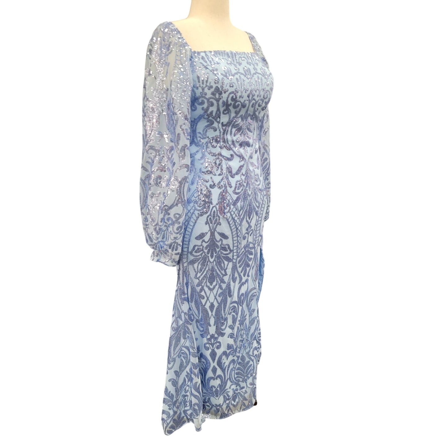 Long Sleeved Patterned Sequin Gown in Light Blue