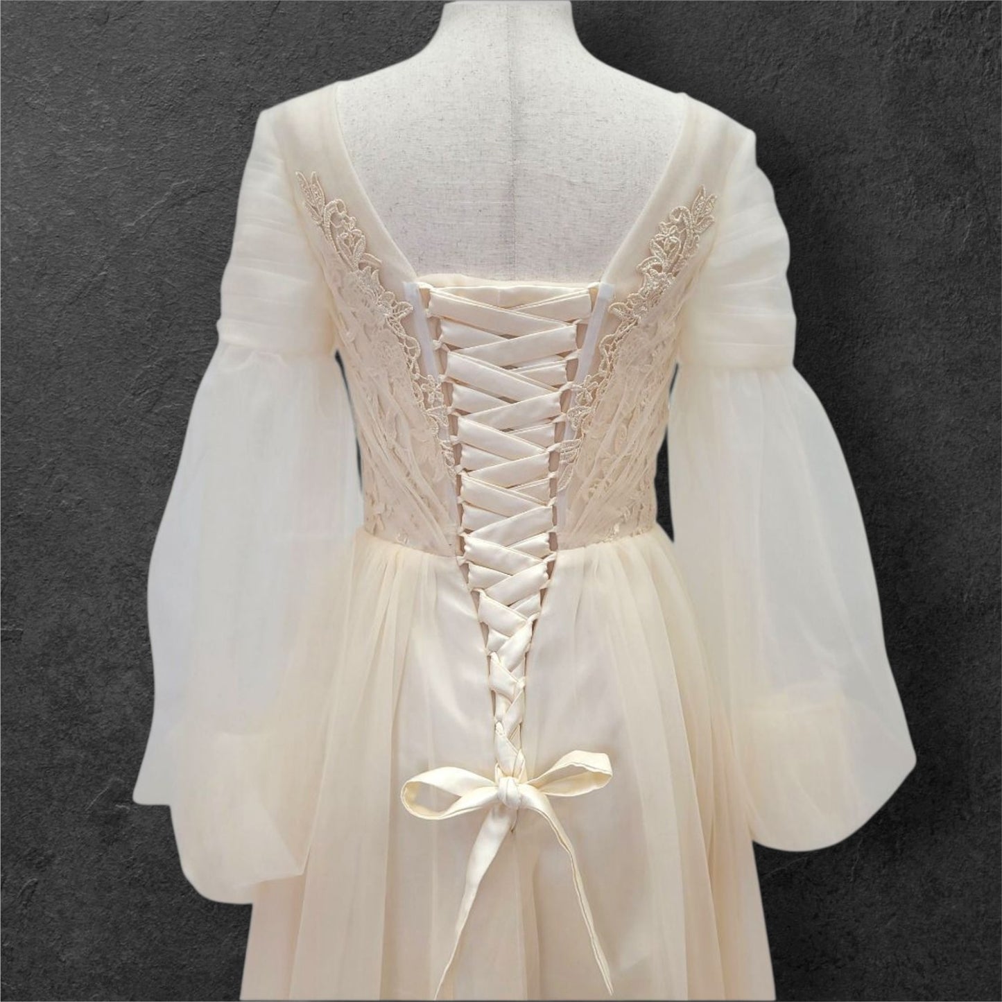 A Line Champagne Wedding Dress with Long Tulle Sleeves and Full Corset