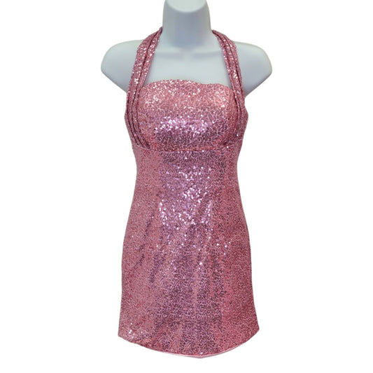 Women's Pink Short Sequin Halter‎ Tie Dress