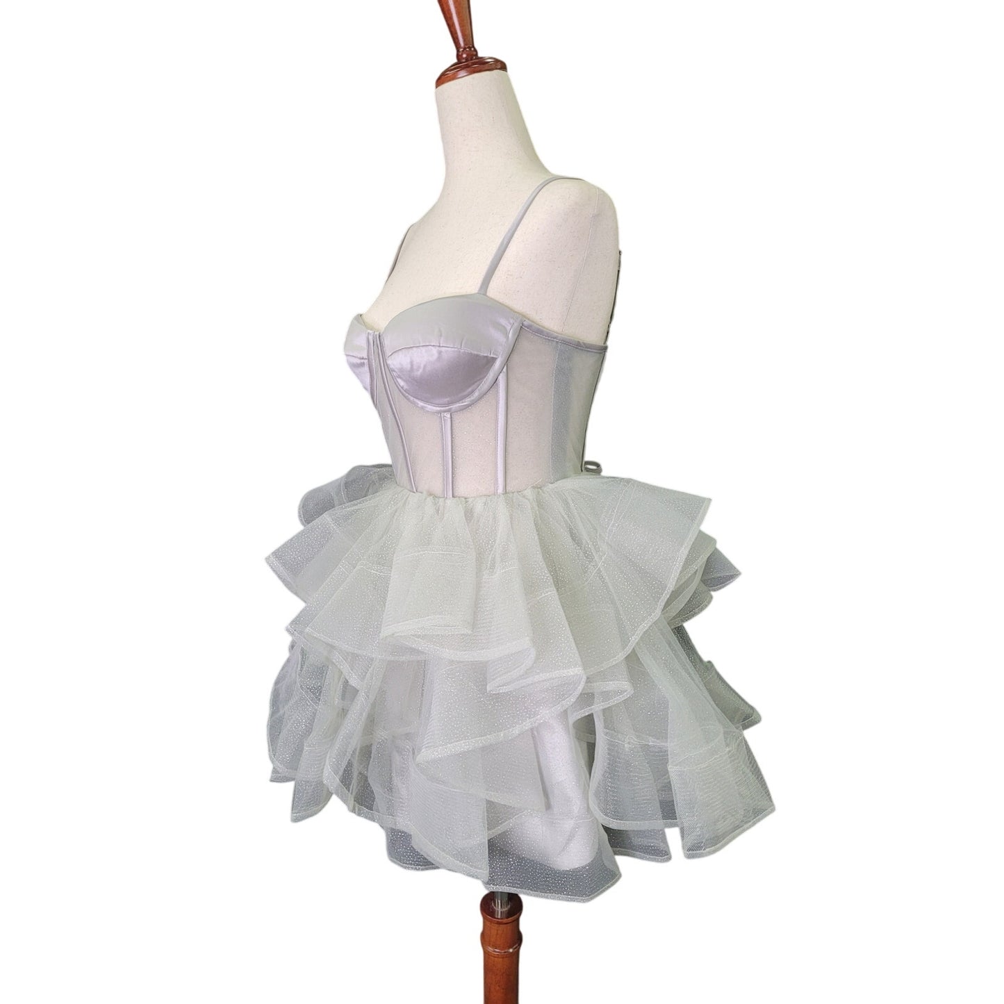 Short Cocktail Dress Tulle Skirt Semi-Sheer Bodice Corset Back