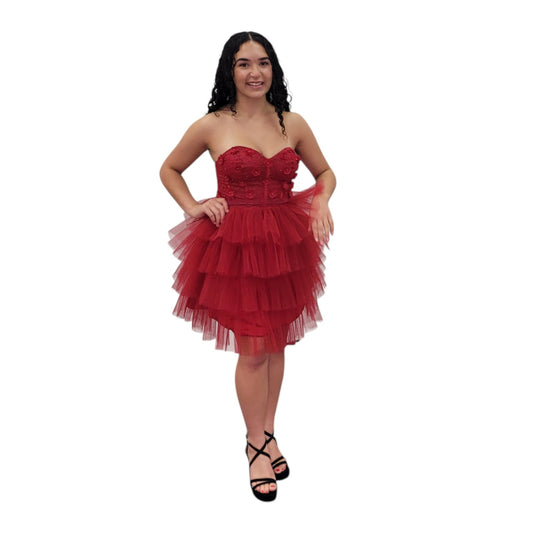 Strapless Tiered Choppy Layered Short Cocktail Dress Red Sweetheart Corset Back