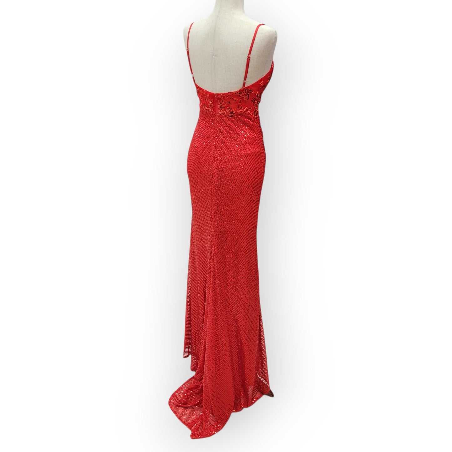 Bright Red Sequin Evening Gown with Detailed Bodice
