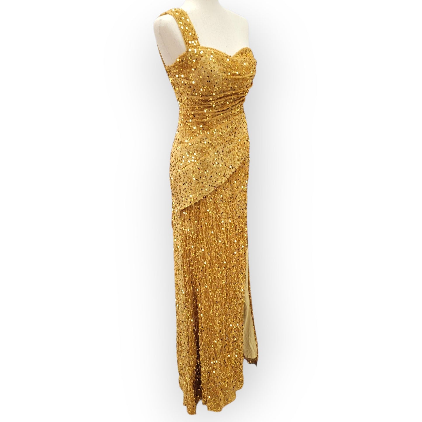 Gold One Shoulder Evening Gown with Gathered Waist and Corset Back