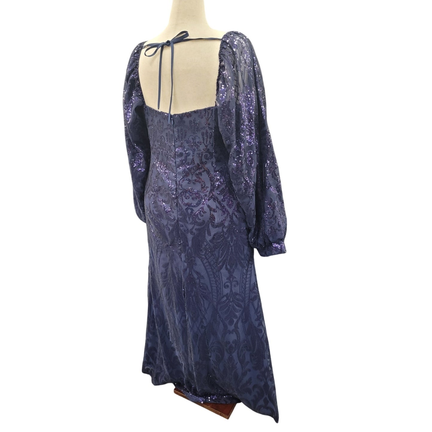 Long Sleeved Patterned Sequin Gown in Navy Blue