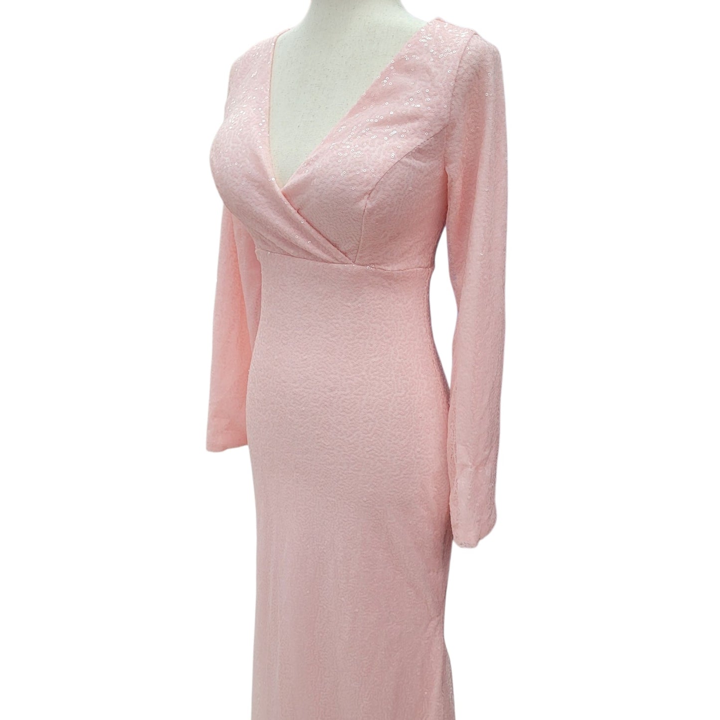 Light Pink Fitted Sequin Gown with Long Sleeves