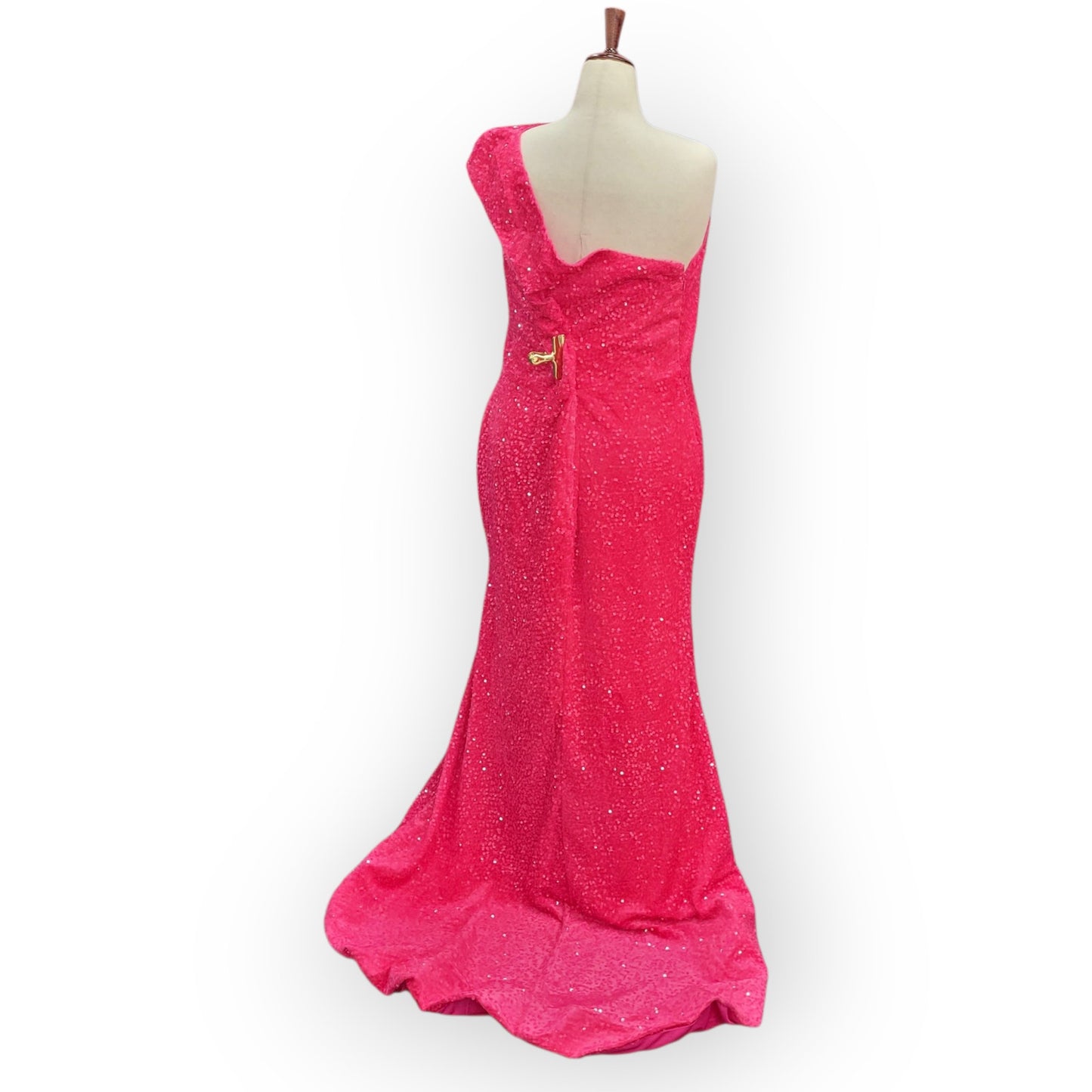 Fitted Hot Pink Sequin Gown with Asymmetric Shoulder Strap