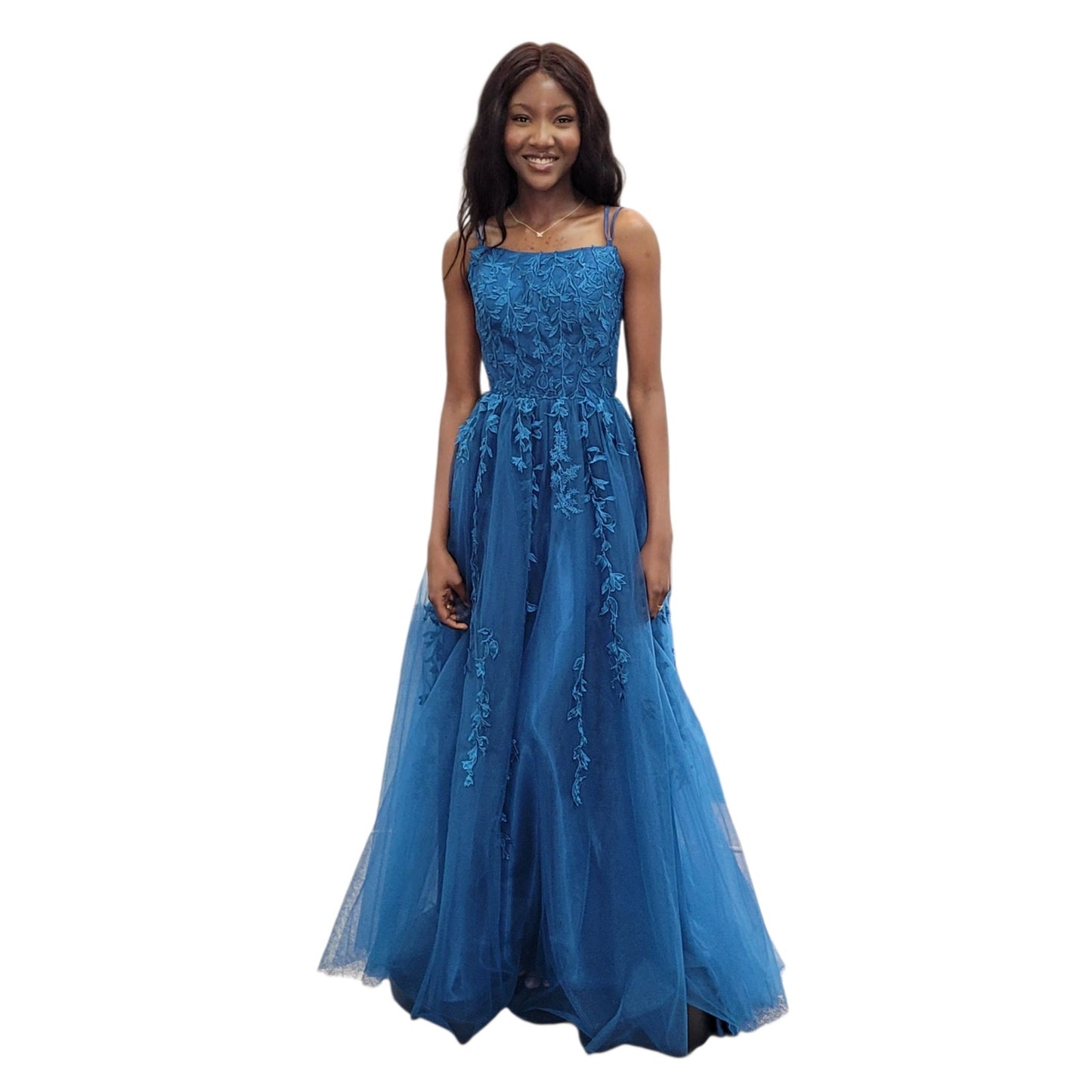 Teal Vine Dress with High Neckline and Strappy Corset Back with Pockets