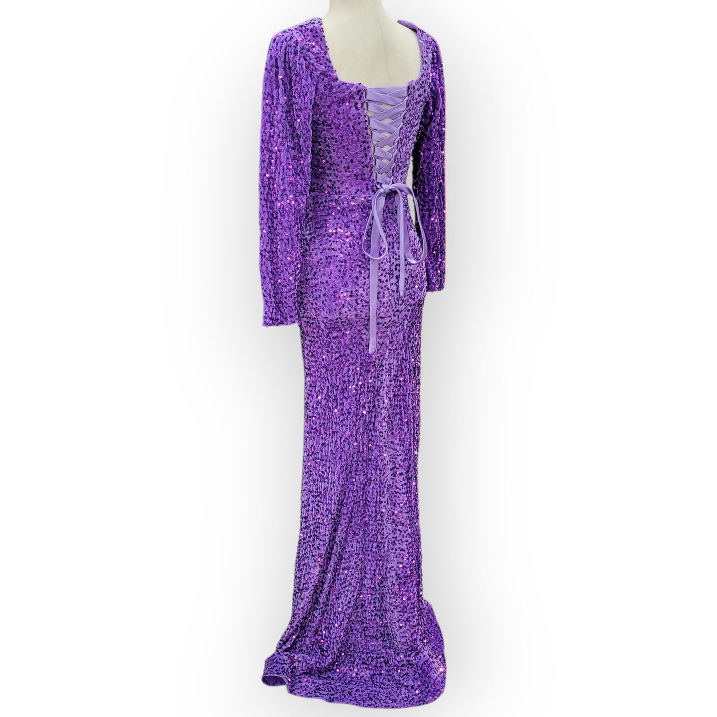 Fitted Long Sleeve Sequin Gown with Leg Slit and Corset Back