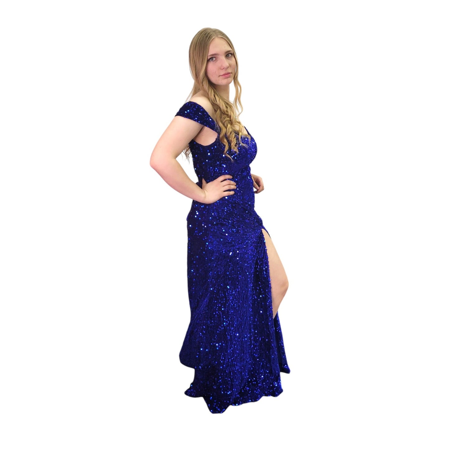 Off Shoulder Sequin Evening Gown with Corset Back on Velvet Fabric