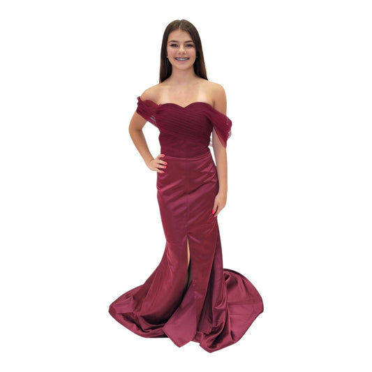 Maroon Satin Evening Gown with Off Shoulder Tulle Sleeves