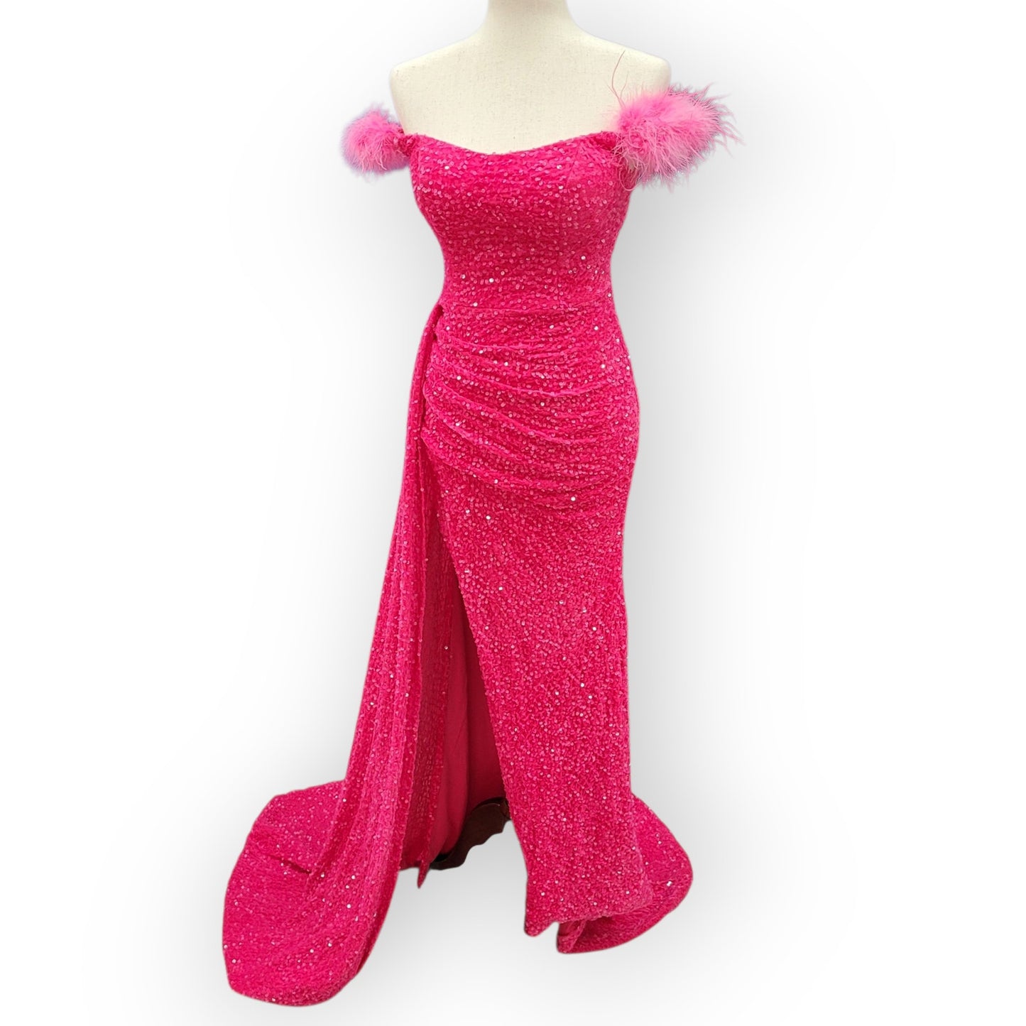 Hot Pink Evening Gown with Feathered Off-Shoulder Straps and Side Train