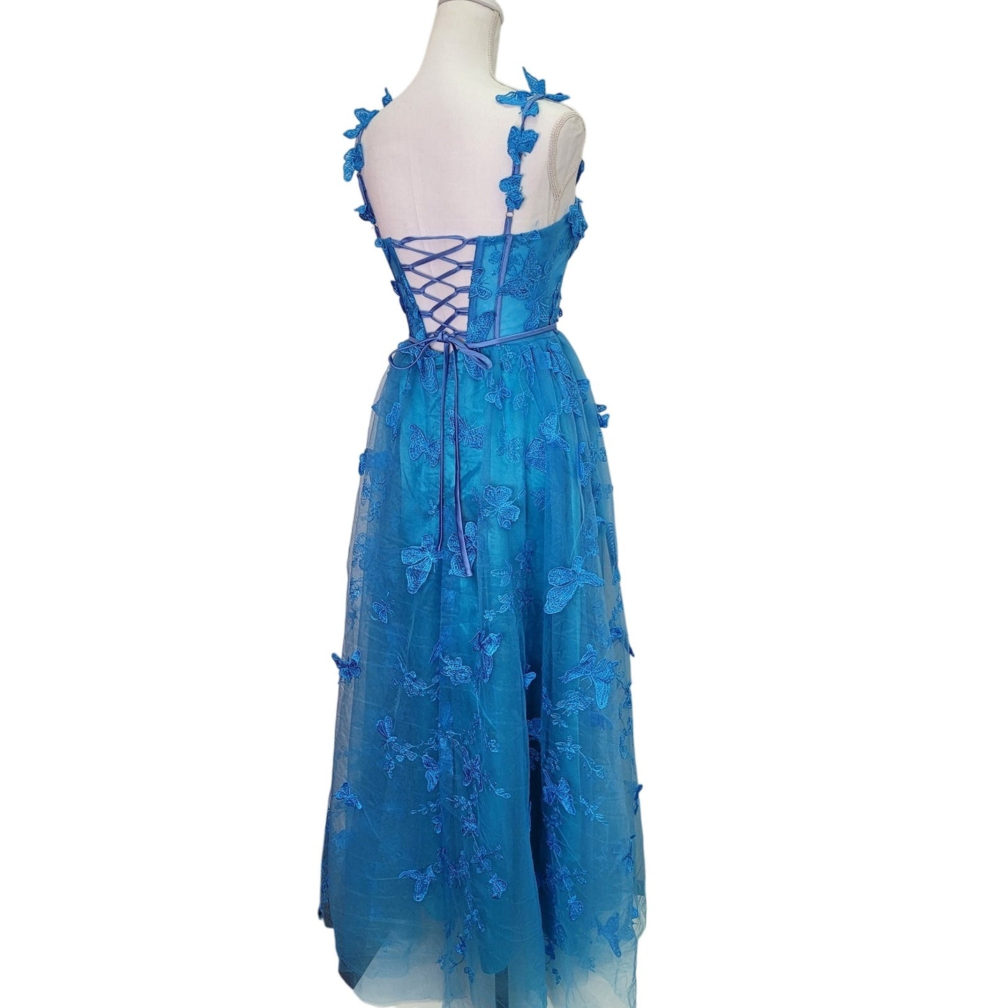 Women's Bright Blue Butterfly Dress with Corset Back