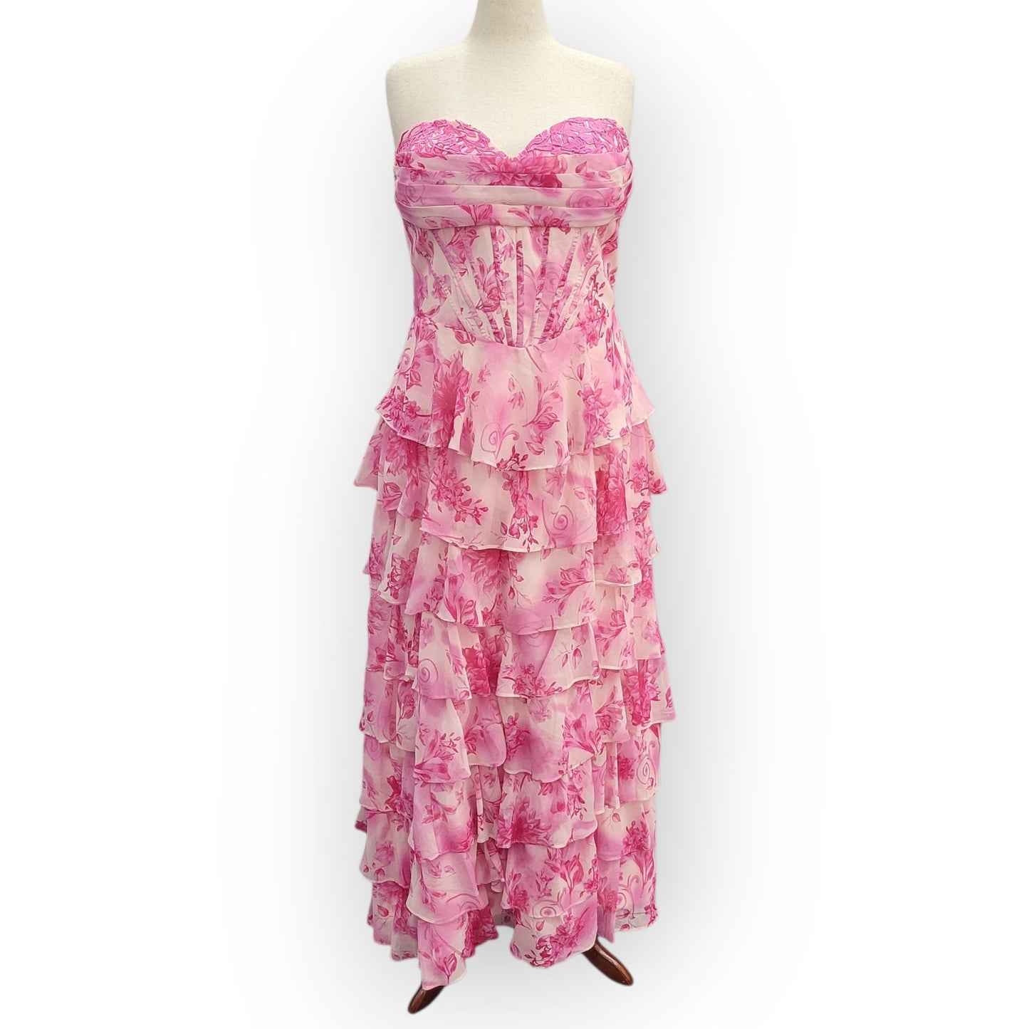Strapless Pink Floral Tiered Dress with Corset Back