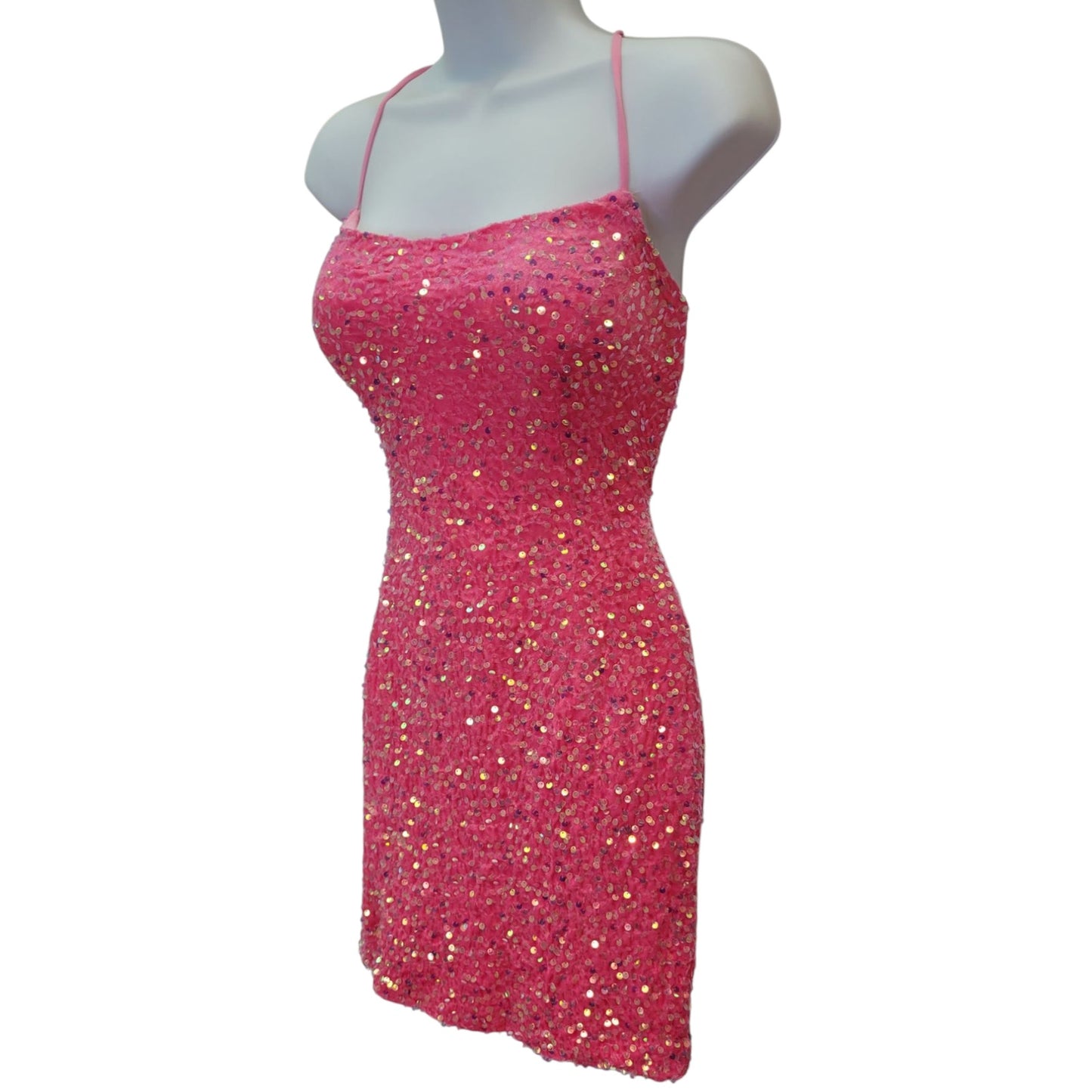 Women's Bubblegum Pink Short Sequin Scoop Neck Corset Back Dress
