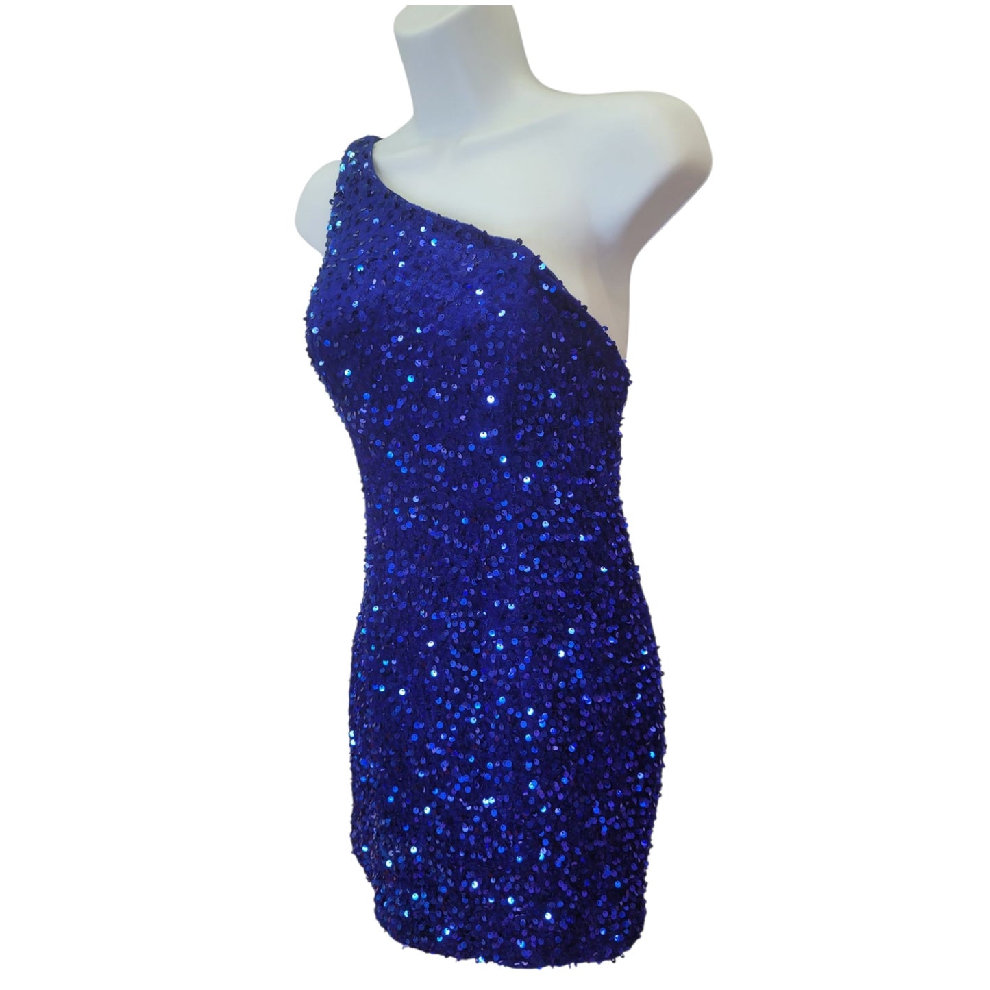 Women's Short One Shoulder Strappy Sequin Dress in Royal Blue